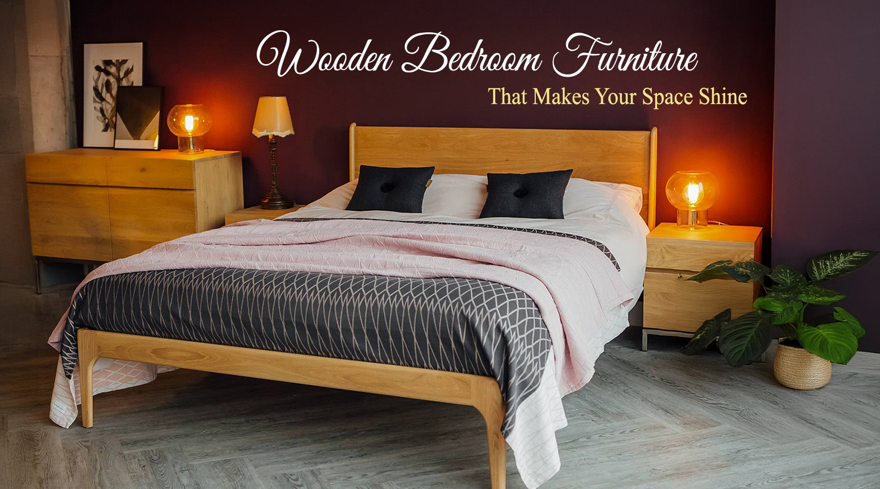 Elegant bedroom with wooden furniture showcasing rustic walnut and teak designs