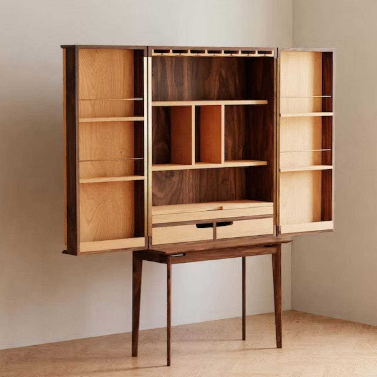 Kavin Walnut Wood Bar Cabinet - Modern storage solution with a rich walnut wood design.