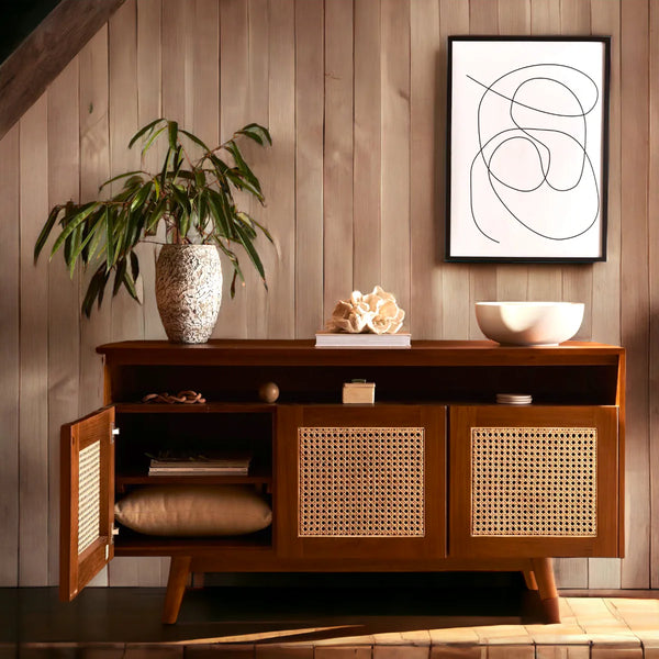 Aerona Teak Wood & Rattan TV Unit with sleek rattan detailing
