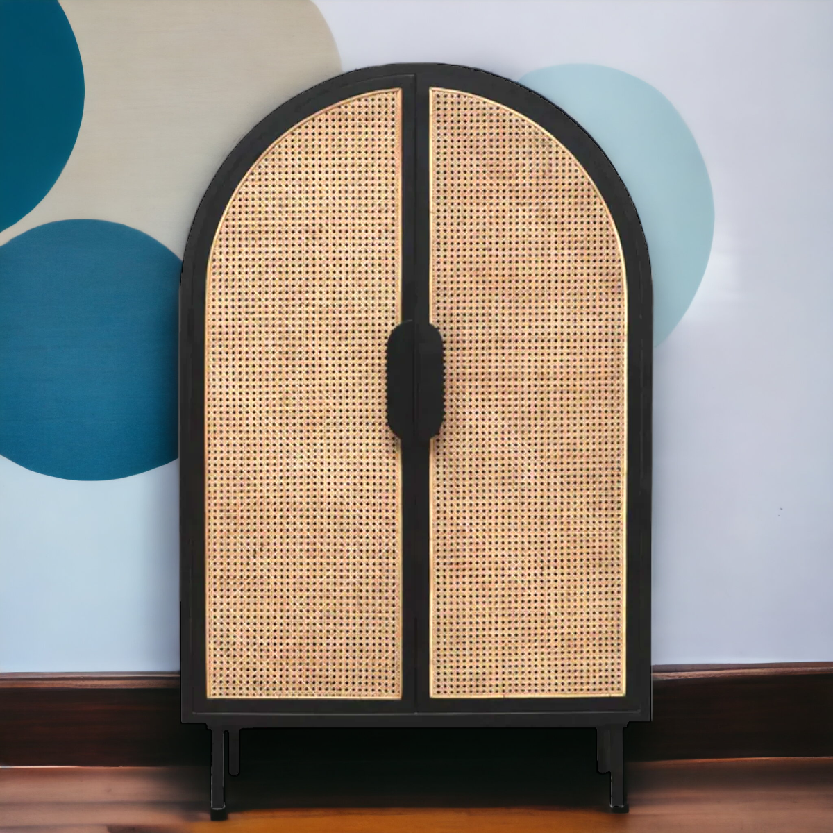 Teak Wood & Rattan  Black Finish Bar Cabinet Buy Online at best price