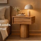 Wooden nightstand for small bedrooms beside a bed in a warm, modern interior.