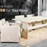 Dining table with rug size guide banner
