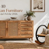 Rattan furniture brands featuring cane sideboard and rocking chair in modern interior