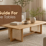 Wooden cane coffee table in a bright neutral living room