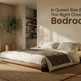 Neutral tone bedroom with queen bed styling