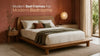 Modern wooden bed frame in a warm, contemporary bedroom with minimalist décor.