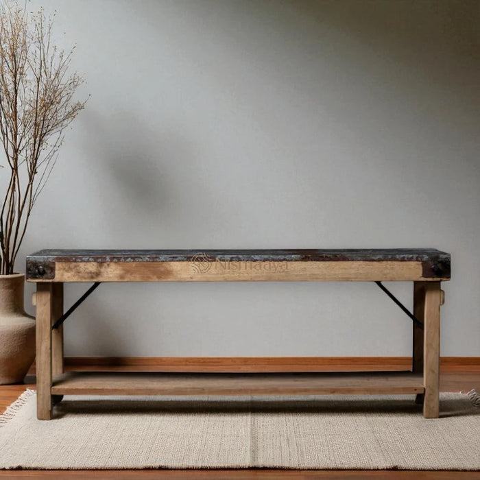 Nismaaya Reclaimed Wood Antique Hinge Metal Top Bench
