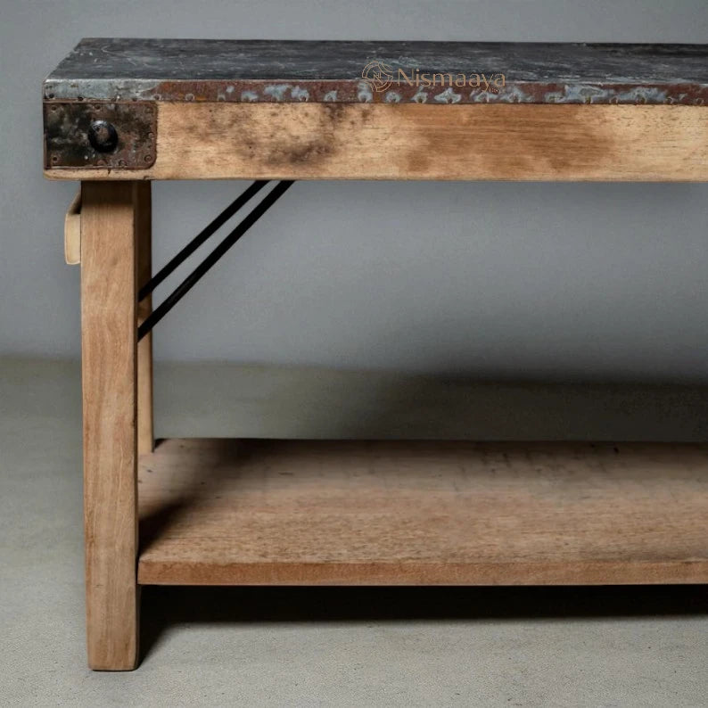 Nismaaya Reclaimed Wood Antique Hinge Metal Top Bench
