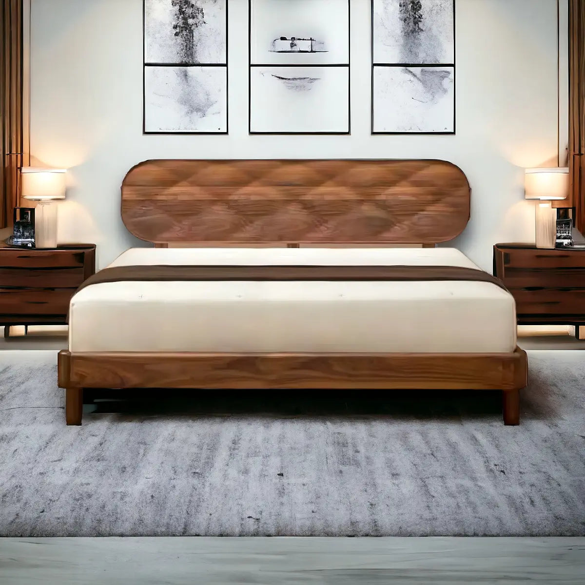 King and Queen size Aase Walnut Wood Bed with oiled finish for bed room 