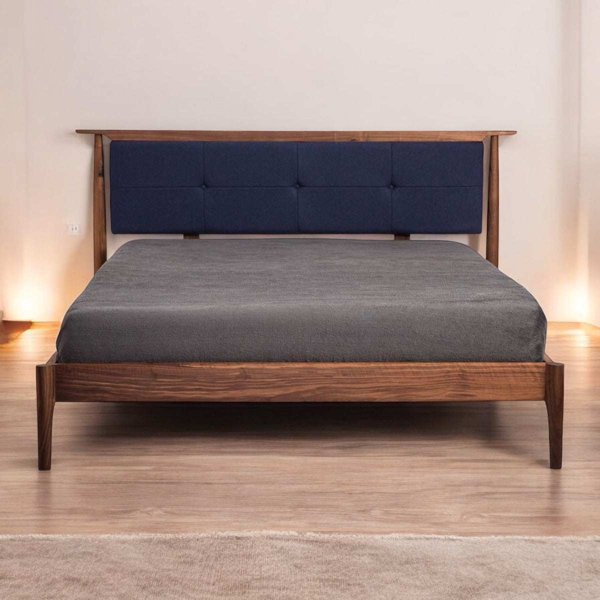 Abbott Walnut Wood Upholstered Headboard Bed