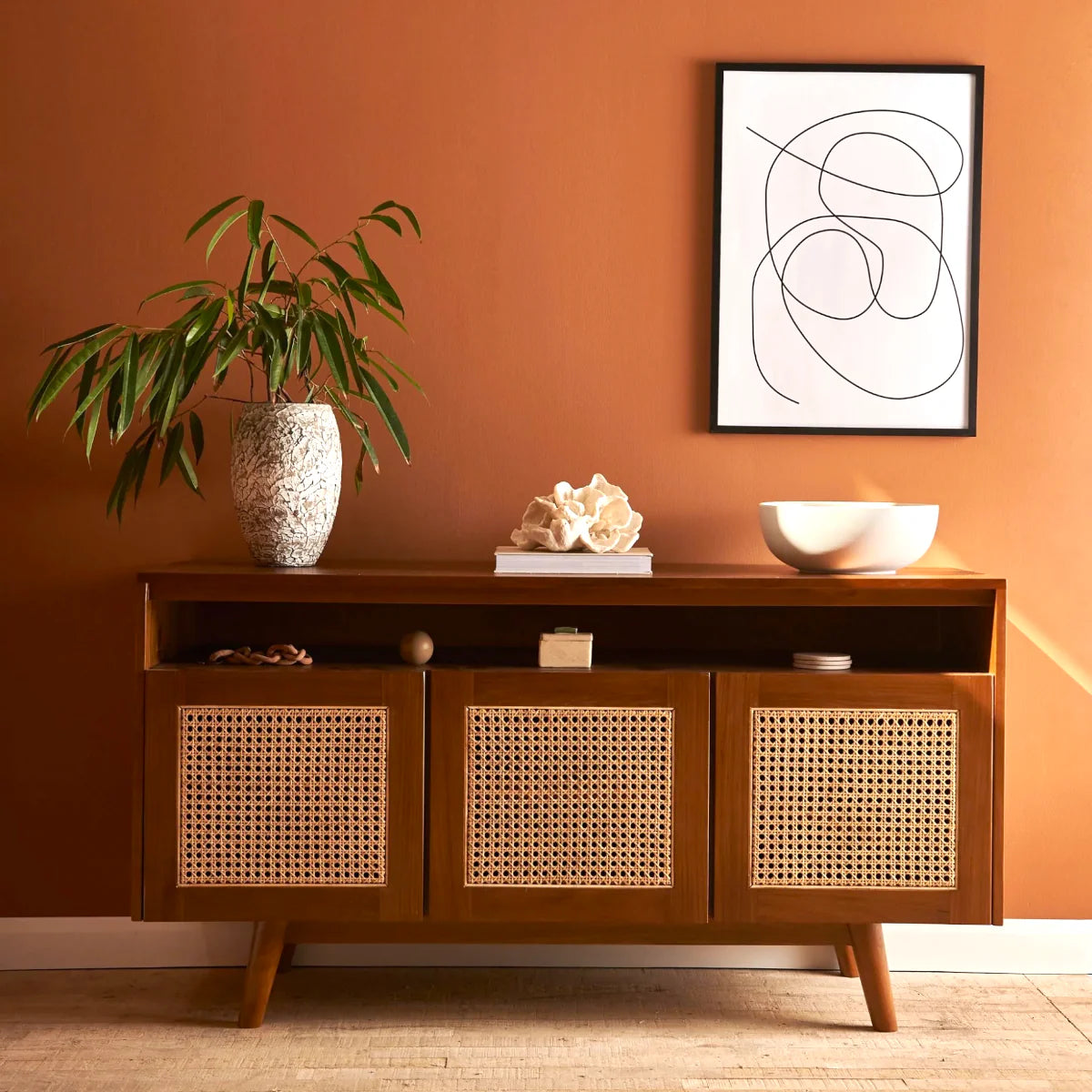 Aerona Teak Wood & Rattan TV Unit