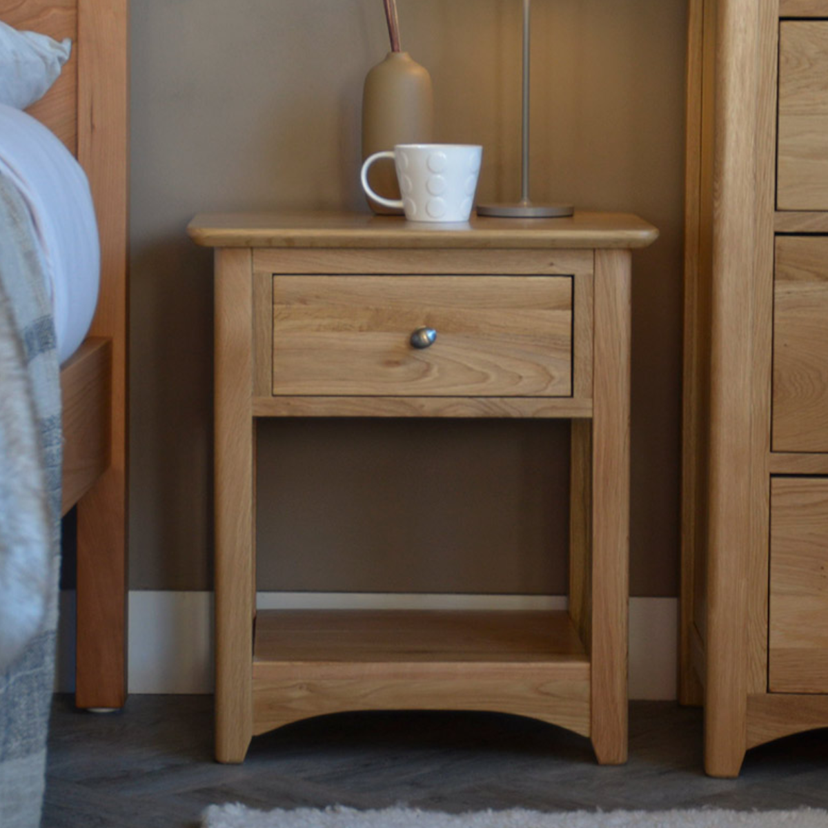 Benicia Oak Wood Drawer Bedside 1