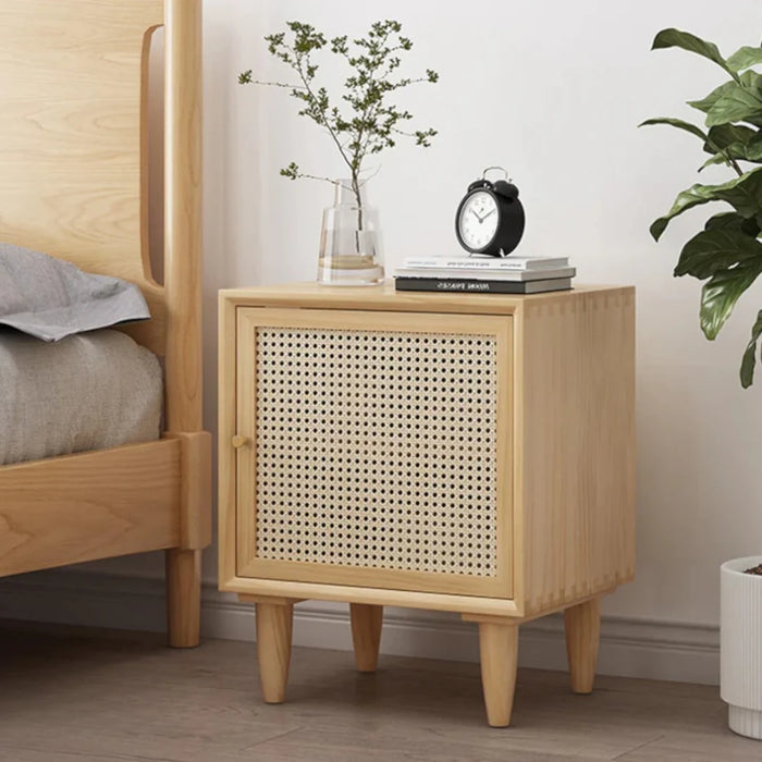 Stylish rattan and ash wood bedside table with spacious storage