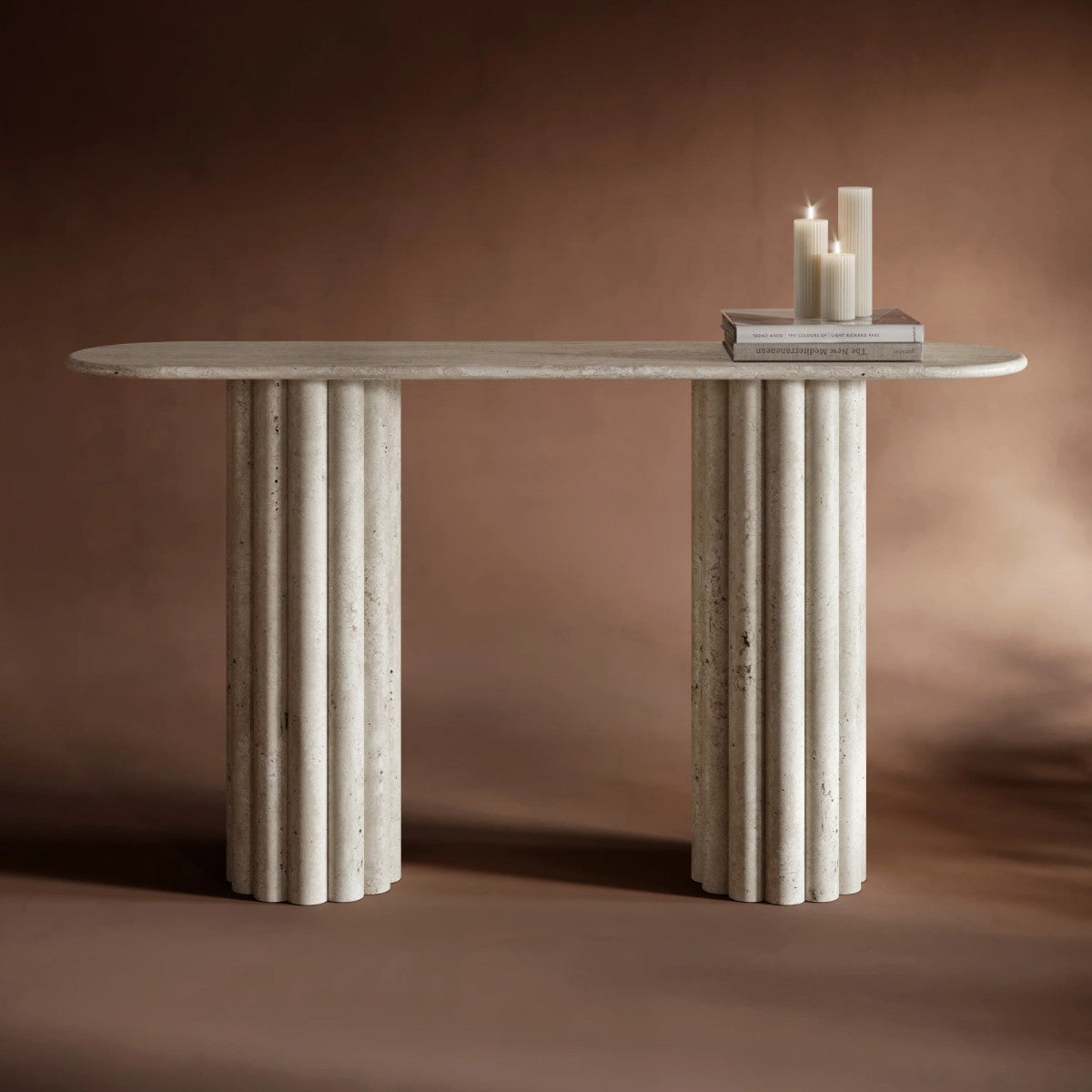 Elan Ovel Travertine Stone Console Table 1