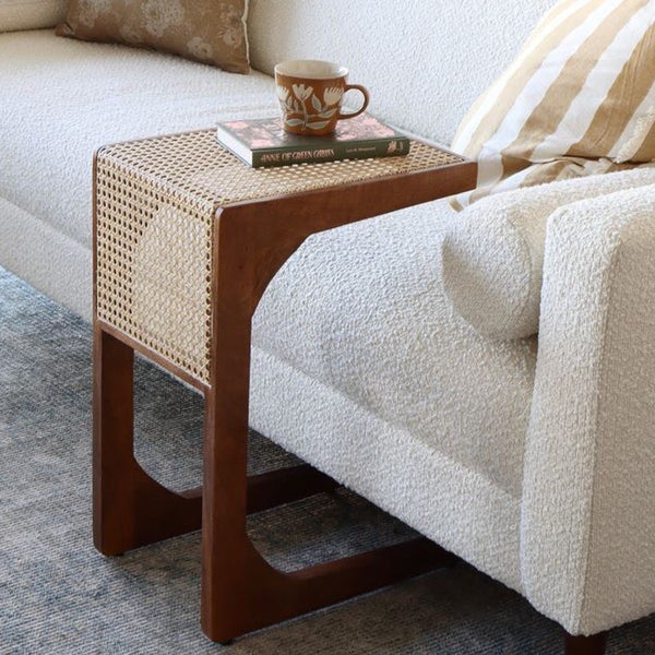 Elea Walnut Wood & Rattan Side Table 1