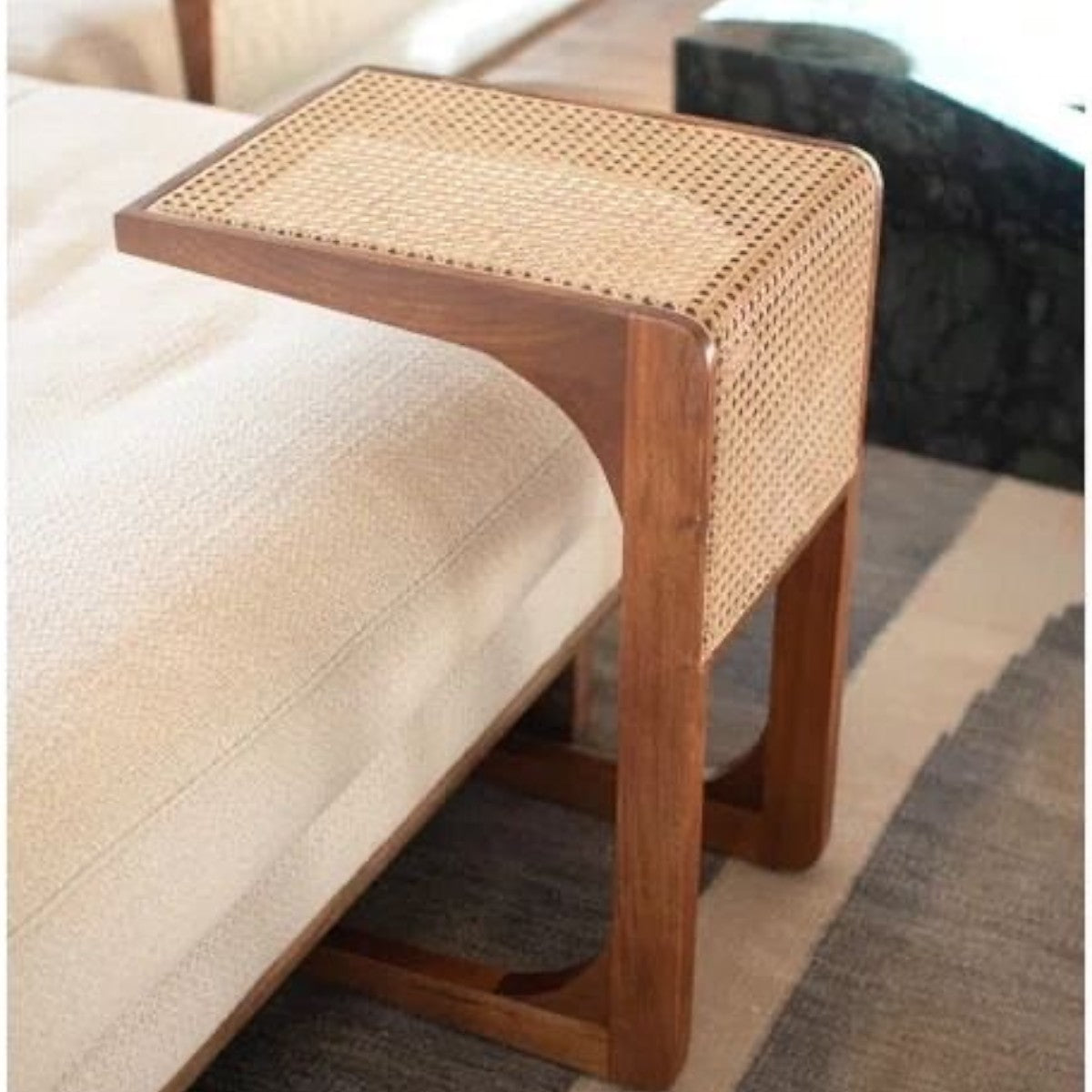 Elea Walnut Wood & Rattan Side Table 2