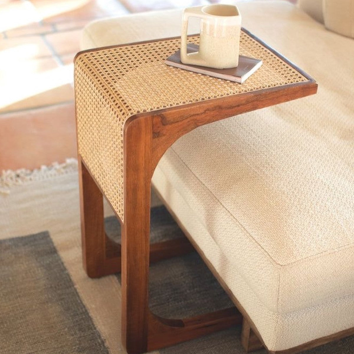 Elea Walnut Wood & Rattan Side Table 3