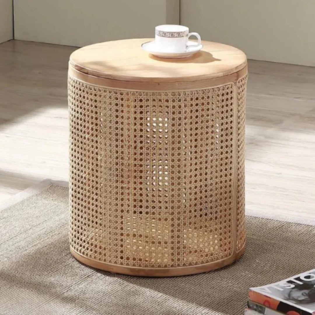 Fia Ash Wood & Rattan Side Table