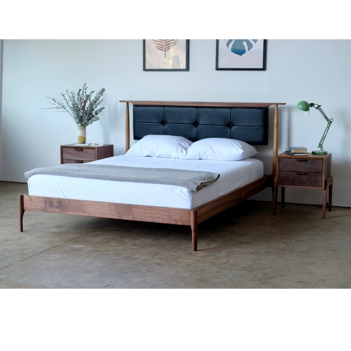 Abbott Walnut Wood Upholstered Headboard Bed